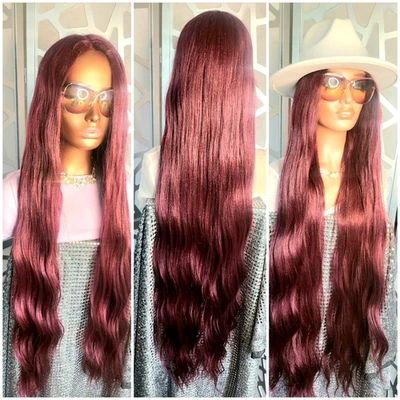 43英寸勃艮第假发长波浪假发花边部分人类混合无胶深红葡萄酒99J — 第 1/4 张图片
