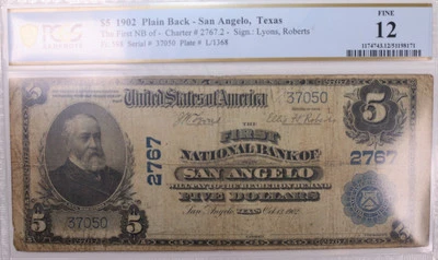 1902 $5 National Bank Note., San Angelo, TX., PCGS F-12., Store Sale #LGNB015 - Image 1 of 2