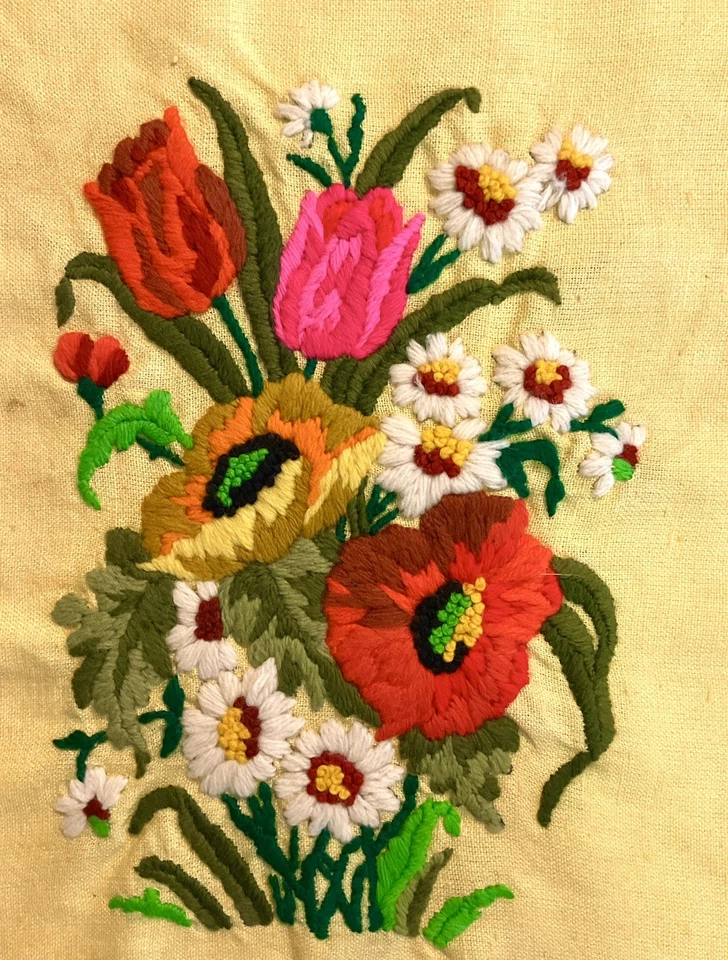 Vintage 70s “Brillance” Floral Crewel Embroidery Art Completed 11x14 Wool Yarns - Image 1 of 4