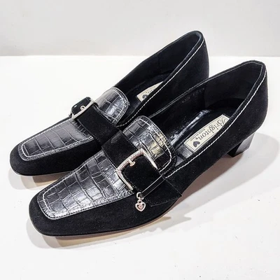 Mocasín Brighton Mujer 9.5N Glenda Gamuza Cuero Cocodrilo Repujado Negro Hebilla Italia Foto 1 de 4