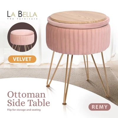 Side Table Storage Ottoman - Velvet Padded Stool Vanity Footstool REMY - PINK - image 1 of 4