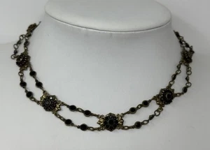 VINTAGE SIGNED KENNY MA BRASSTONE BLACK CRYSTAL FLOWER ELEGANT NECKLACE - Picture 1 of 6