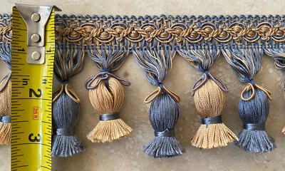 (Vendido por yarda) 3,25” Borla Borla Borla Flecos con Gimp Top Azul y Dorado Foto 1 de 4