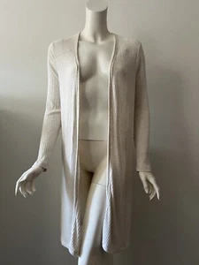 Allison Joy Ivory Rib Knit Open Front Rayon Polyester Long Cardigan Sweater M - Picture 1 of 6