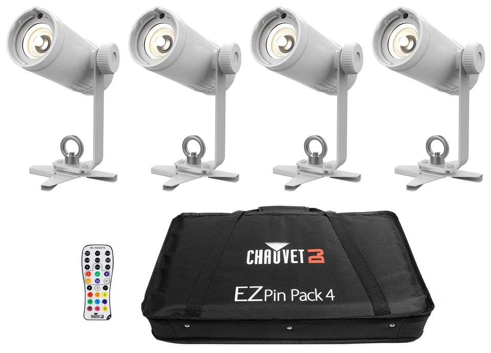 Chauvet DJ Ezpin Pack 4 EZpin Pin Spot Light Fixtures+IRC-6 Remote+Carry Case - Image 1 of 4