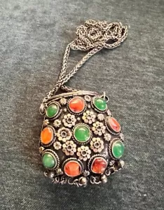 Collana Saja indiana argento metallo mini borsa collana unica fatta a mano - Foto 1 di 6