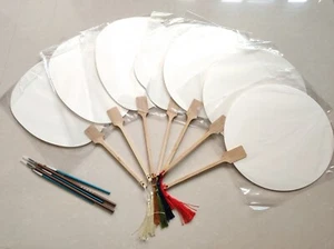 Weißer Papier Handfächer Bambusgriff & Pinsel zum Selbermachen Zeichnen Malen Geschenk - Bild 1 von 7