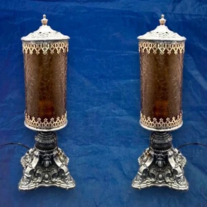 Pair *Rare* Antique Table Lamps With Amber Cracked Style Shades Rewired Set 107C - Picture 1 of 9