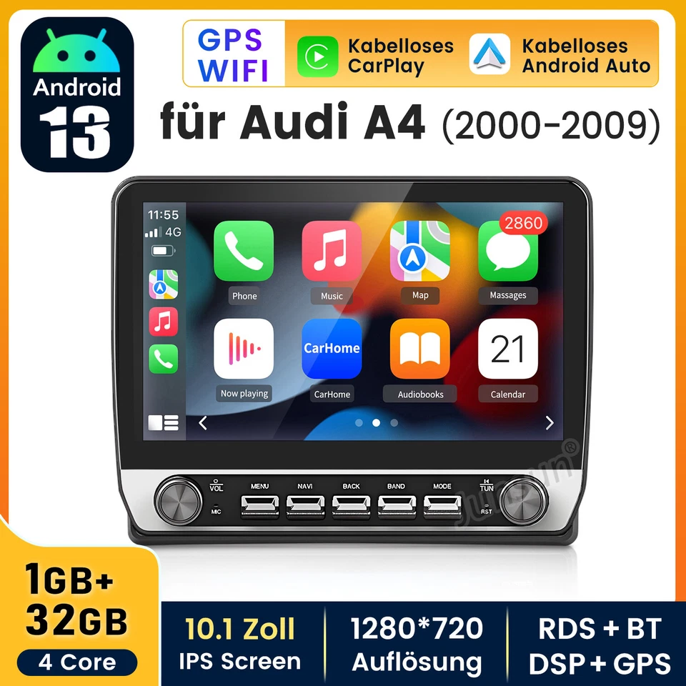 Carplay Android 14 Autoradio Für Audi A4 S4 RS4 00-2009 GPS Navi WIFI BT FM DAB+ - Bild 1 von 4