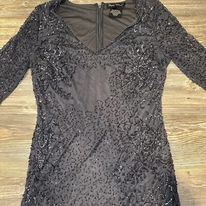 Pisarro Nights Beaded Mesh Column Gown Mid Sleeve Slate Size 8.NWOT. 15 - Picture 1 of 9