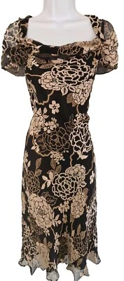 Womens Black Gold Floral Silk Devore Ruched Cowl Vintage Y2k Bias Midi Dress 14 - Image 1 of 4