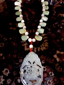 Antique Hand Made JADE BEADED NECKLACE Carved Pendant AUSPICIOUS - Picture 1 of 5