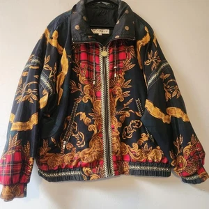 Giacca sportiva vintage media nera oro plaid barocco puffer zip plaid - Foto 1 di 18
