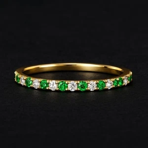 0.42 Ct Emerald & Lab Grown Diamond Wedding Eternity Band 14K Yellow Gold - Picture 1 of 6