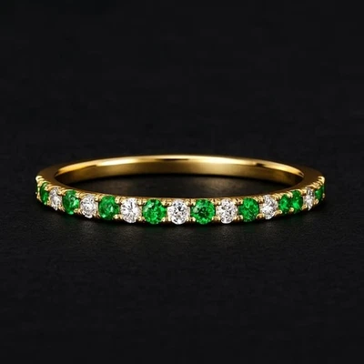0.42 Ct Emerald & Lab Grown Diamond Wedding Eternity Band 14K Yellow Gold - Image 1 of 4