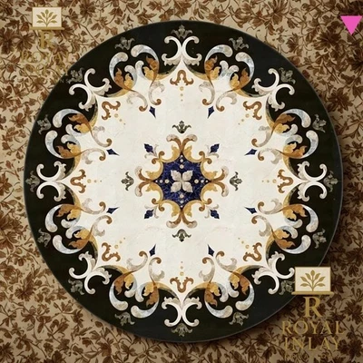 Opulenta Mesa de Mármol Blanco Negro con Incrustación Pietra Dura - Arte de Mesa Hecha a Mano 24" Foto 1 de 4