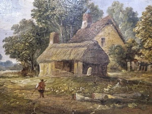 Antigua pintura al óleo del siglo XIX cabaña paisaje óleo sobre tabla 8 x 6,5" - Imagen 1 de 11