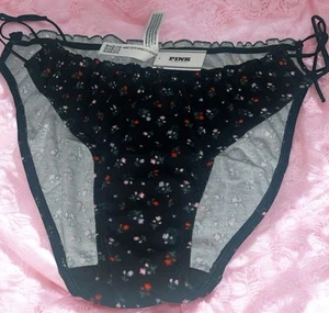 PINK Victoria’s Secret Black Bikini Panty Sz M Cotton Ruffle String Sides Floral - Picture 1 of 7