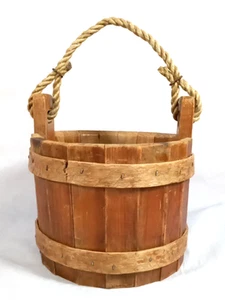 Wooden Well Bucket w/Rope Handle, Hand Crafted, 8½" Tall, 8" Wide, 5¼" Deep - Picture 1 of 8