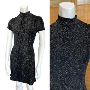 Vintage 90’s GLITTER MINI DRESS Mock Neck Party NYE Skater LBD Black Cocktail - Picture 1 of 5