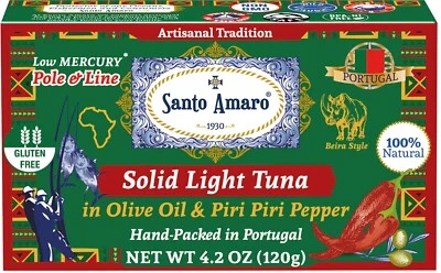 6 Pk: Santo Amaro Pole & Line Wild Tuna Fillets in Virgin Olive Oil - Spicy! - Image 1 of 4