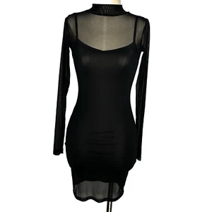 Black Mesh Mini Bodycon Dress Long Sleeves High Neck Cotton On XXS - Picture 1 of 7