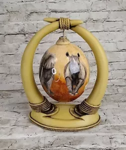 African Wild Life Hand Painted Ostrich Egg W Tusk stand Sherry Rowe - Picture 1 of 6