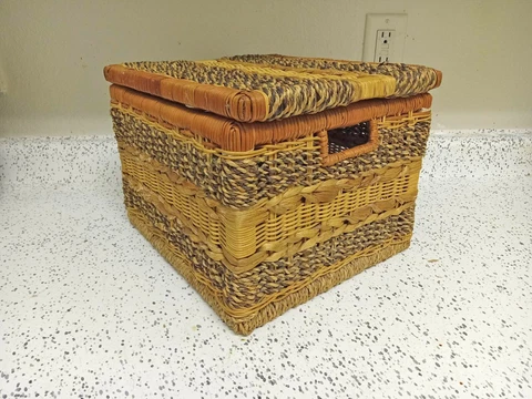 Large Wicker Box with Hinged Lid Vintage Two Tones Rectangle Decorative Basket Cover