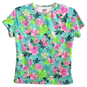 Lands End Teal Pink Floral Bird Short Sleeve Rash Guard Swim Shirt Size XL Lined - Picture 1 of 9