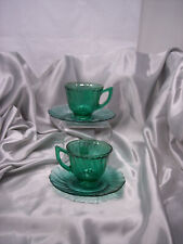 Jeanette Glass SWIRL pattern Ultramarine color Pair of Footed Cups & Saucers
