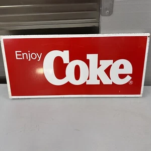 1980’s Coca Cola Sign Enjoy Coke 22”x10" Metal Sign Coke Cooler Stand Banner -3 - Picture 1 of 12