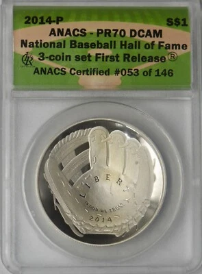 2014-P Baseball HOF Silver Dollar ANACS PR70DCAM First Release ✪COINGIANTS✪ - Image 1 of 2
