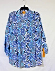 Ruby Rd Blouse Women's 1X Woven Geometric Blue Tunic Blouse Button Up NWT - Picture 1 of 9