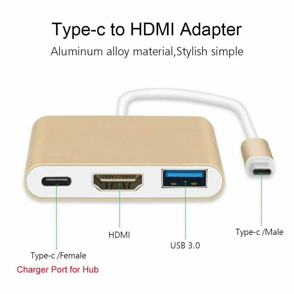 Gold Type C USB 3.1 USB-C 4K HDMI USB 3.0 Adapter Cable 3 in 1 Hub For Macbook - Image 1 of 4