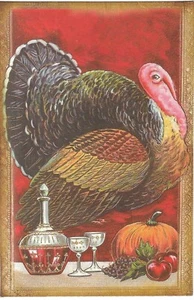 Vintage Thanksgiving Postcard RETRO Antique NEW REPRINT Turkey Goblets Wine - Picture 1 of 2