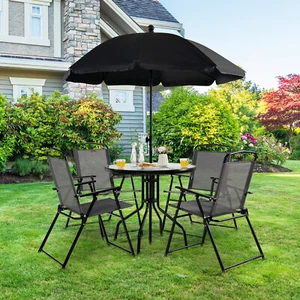 6 PCS Patio Dining Furniture Set Umbrella with Tempered Glass Table & 4 Chairs - Picture 1 of 10