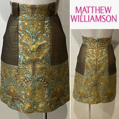 Falda Brocado Metálica MATTHEW WILLIAMSON Dorada y Verde Pálido, Forrada 8 Agosto, Reino Unido/4 EE. UU.  Foto 1 de 4