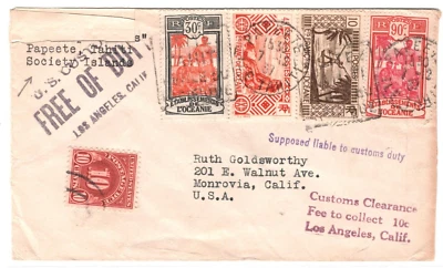France Cols FRENCH POLYNESIA Cover TAHITI Papeete USA *POSTAGE DUE* 1937 MA363 - Image 1 of 4