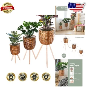 Natural Brown Handwoven Rattan Planter Baskets - Set of 3 for Indoor Plants - Picture 1 of 8