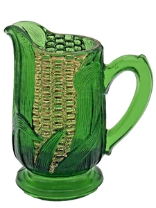 Vintage grün Glas Maiskrug Milchkännchen - geprägter Mais Bauernküche - Bild 1 von 6