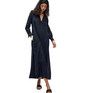Vestido J.Crew Bungalow Maxi Popover en Lino Negro Talla Pequeña Bolsillos Manga Larga - Imagen 1 de 7
