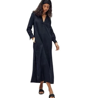 Vestido J.Crew Bungalow Maxi Popover en Lino Negro Talla Pequeña Bolsillos Manga Larga Foto 1 de 4