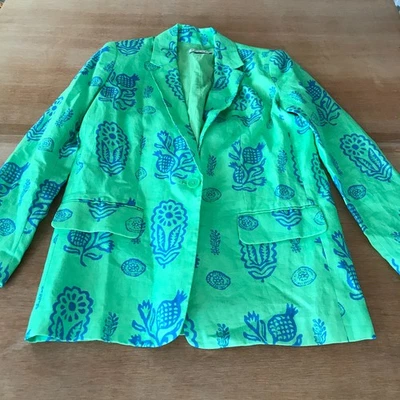 Blazer feminino de linho Rhode Winnefred XS verde floral entalhe lapelas fecho de botão - Imagem 1 de 4