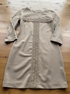 Lantin Size M Fits 10-12 Camel Beige Shift Dress Lace Trim Zip Back 3/4 Sleeves - Picture 1 of 7