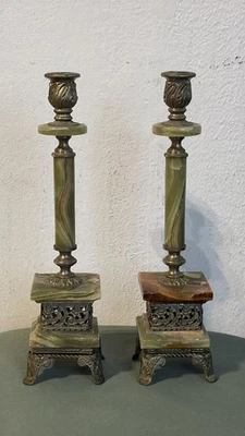 COPPIA DI CANDELIERI CANDELABRI IN ONICE E METALLO ARGENTATO ANNI 40 - Immagine 1 di 4