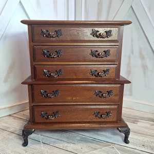 Vintage Holz 5 Schubladen Schmuck Spieluhr blau Samt gefüttert Metall Krallenfüße - Bild 1 von 21