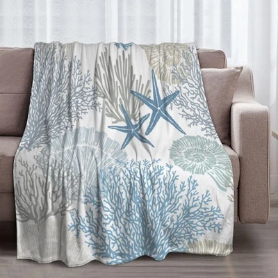 Nautical Coastal Blanket Starfish Seashell Coral Beach Themed Throw Blankets ... - Image 1 of 4