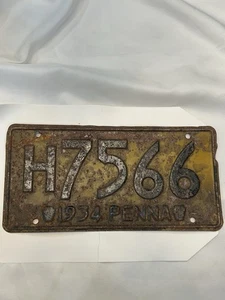 Antigua matrícula de coche de pasajeros Pennsylvania 1934 vintage # H7566 - Imagen 1 de 6