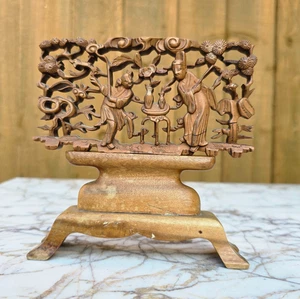 Chinese Antique Carved Box Wood Scholars Table Screen Figural Openwork c19th - Picture 1 of 16