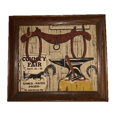 Vintage Stonelea Picture Linen Textile Art Wood Framed Horse Fair Cowboy Farm - Image 1 of 4